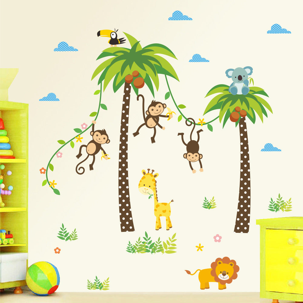 Cartoon Tropical Tree Animal Wall Sticker Mural Decor Cute Kid's Room Decal