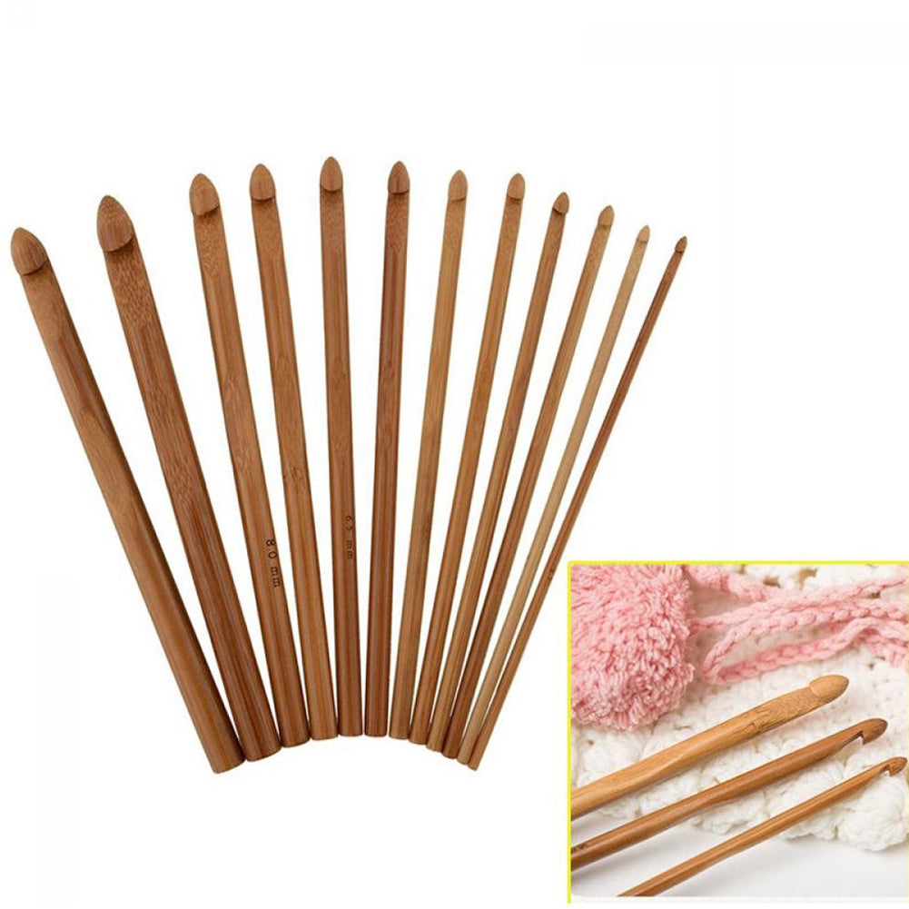 12Pcs/Set 3-10mm Bamboo Handle Crochet Hooks Scarf Sweater Knitting Needles