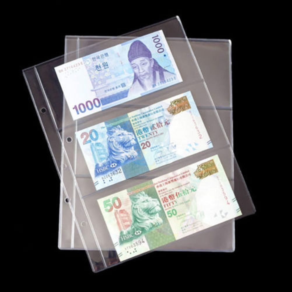 1 Sheet 3 Pockets Album Pages Paper Money Bill Note Currency Holder Collection