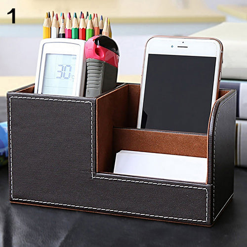 Faux Leather Desktop Organizer Stationery Storage Box Pencil Container Holder