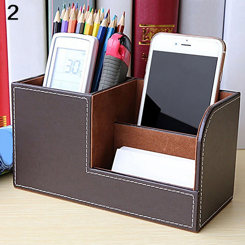 Faux Leather Desktop Organizer Stationery Storage Box Pencil Container Holder