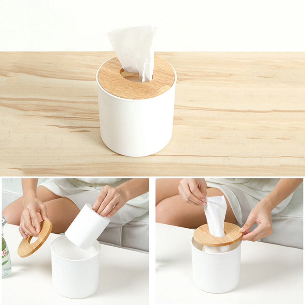 Natural Wood Cover Plastic Tissue Paper Box Storage Case Holder Home Desk Decor