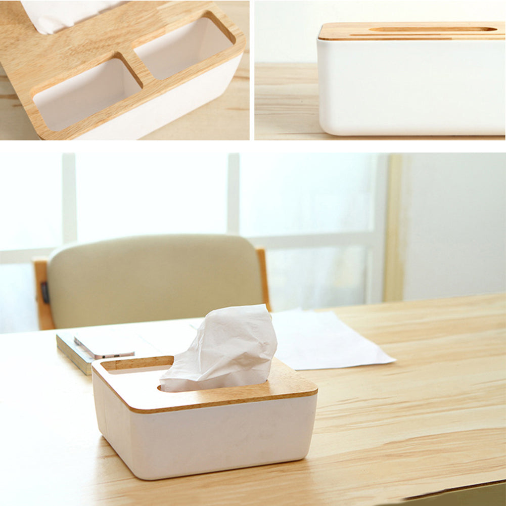 Natural Wood Cover Plastic Tissue Paper Box Storage Case Holder Home Desk Decor