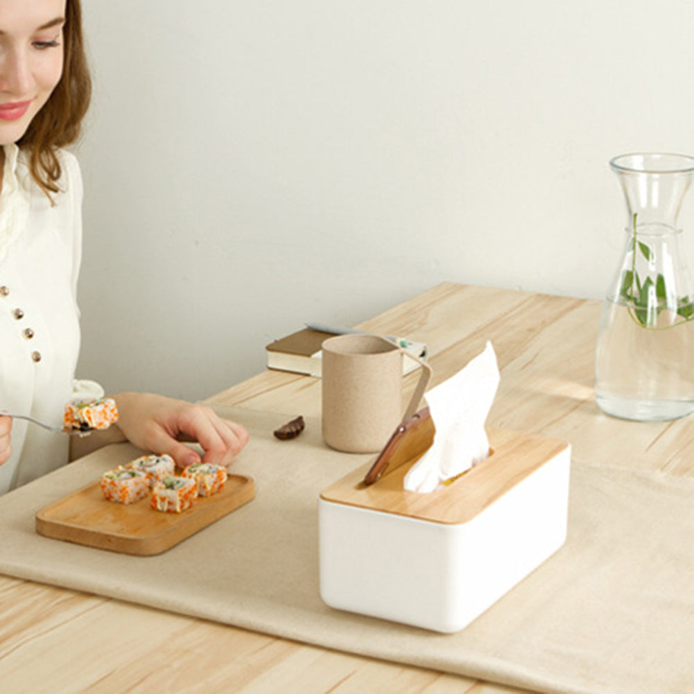 Natural Wood Cover Plastic Tissue Paper Box Storage Case Holder Home Desk Decor