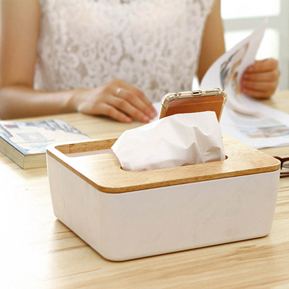 Natural Wood Cover Plastic Tissue Paper Box Storage Case Holder Home Desk Decor