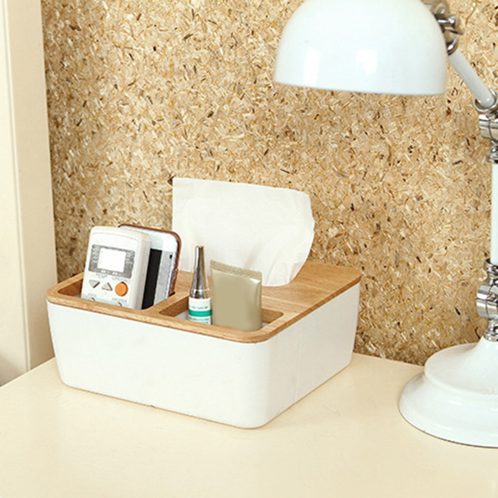 Natural Wood Cover Plastic Tissue Paper Box Storage Case Holder Home Desk Decor