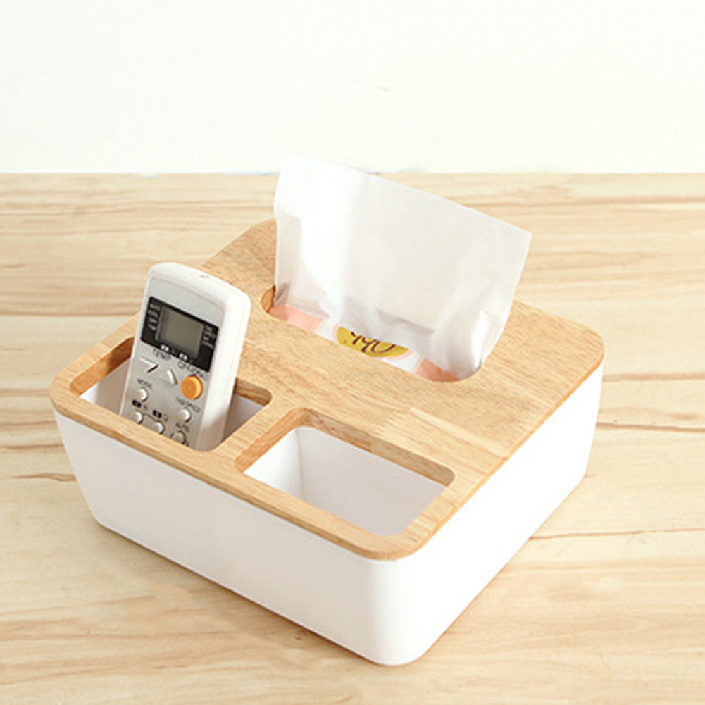 Natural Wood Cover Plastic Tissue Paper Box Storage Case Holder Home Desk Decor