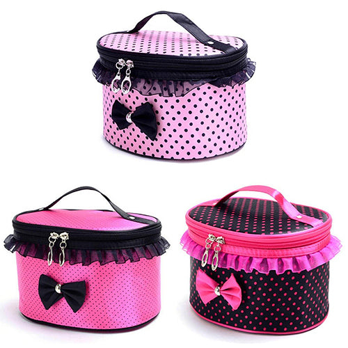 Portable Makeup Bag Bowknot Dots Toiletry Lace Cosmetic Organizer Holder Handbag