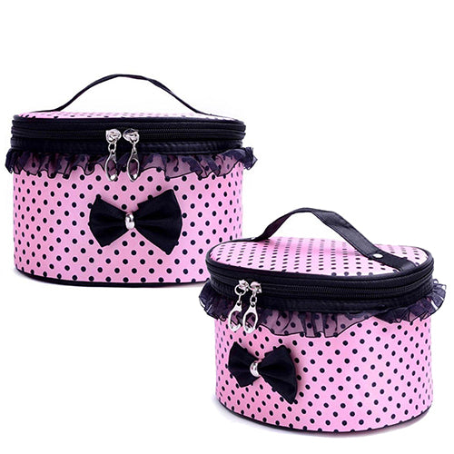Portable Makeup Bag Bowknot Dots Toiletry Lace Cosmetic Organizer Holder Handbag