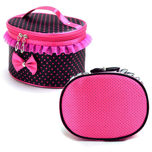 Portable Makeup Bag Bowknot Dots Toiletry Lace Cosmetic Organizer Holder Handbag