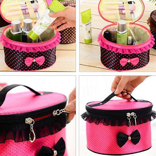Portable Makeup Bag Bowknot Dots Toiletry Lace Cosmetic Organizer Holder Handbag