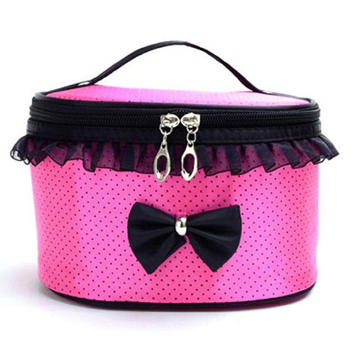 Portable Makeup Bag Bowknot Dots Toiletry Lace Cosmetic Organizer Holder Handbag