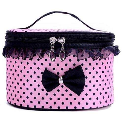 Portable Makeup Bag Bowknot Dots Toiletry Lace Cosmetic Organizer Holder Handbag