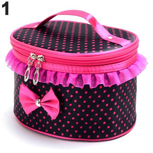 Portable Makeup Bag Bowknot Dots Toiletry Lace Cosmetic Organizer Holder Handbag