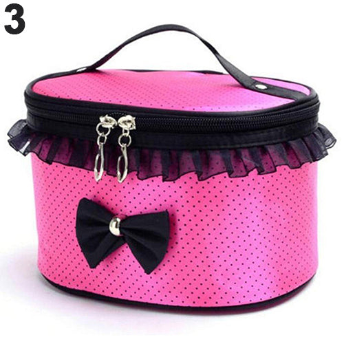 Portable Makeup Bag Bowknot Dots Toiletry Lace Cosmetic Organizer Holder Handbag