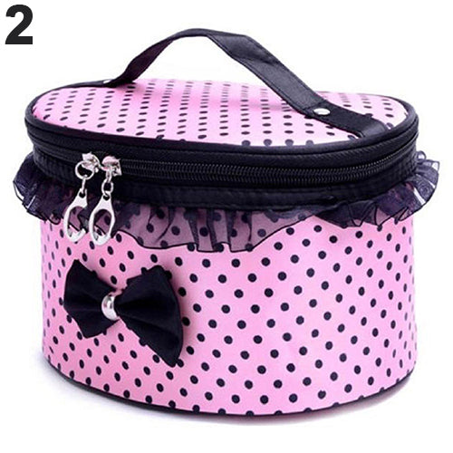 Portable Makeup Bag Bowknot Dots Toiletry Lace Cosmetic Organizer Holder Handbag