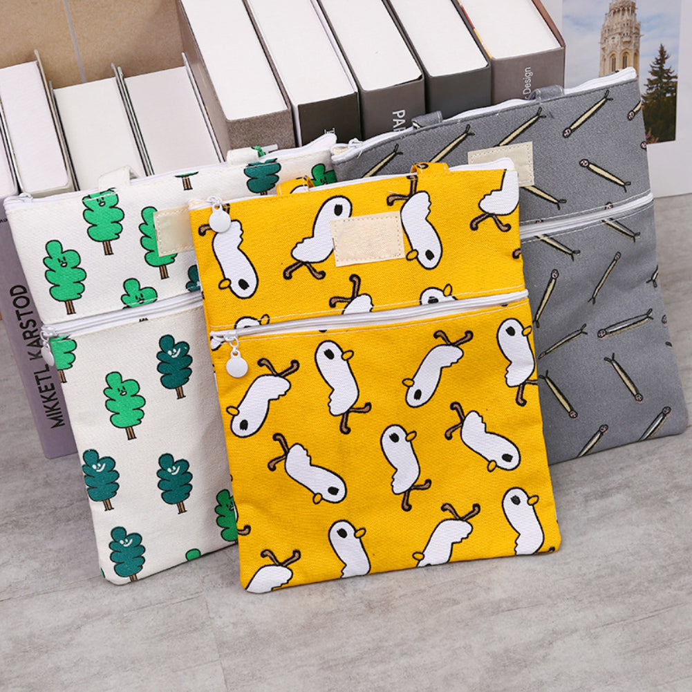 Student Double Zipper Handbag Fish Duck Forest File Pouch Handle Storage Bag