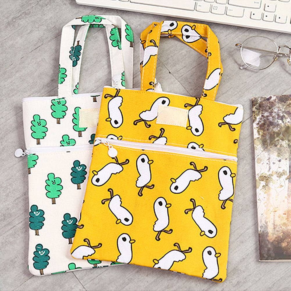 Student Double Zipper Handbag Fish Duck Forest File Pouch Handle Storage Bag