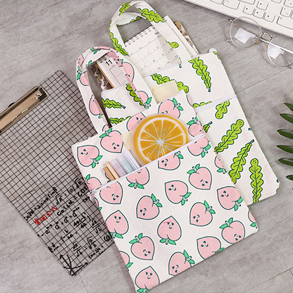 Student Double Zipper Handbag Fish Duck Forest File Pouch Handle Storage Bag