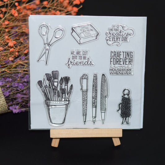 Scissors Pen Stationery Transparent Stamp Silicone DIY Scrapbook Cards Tool