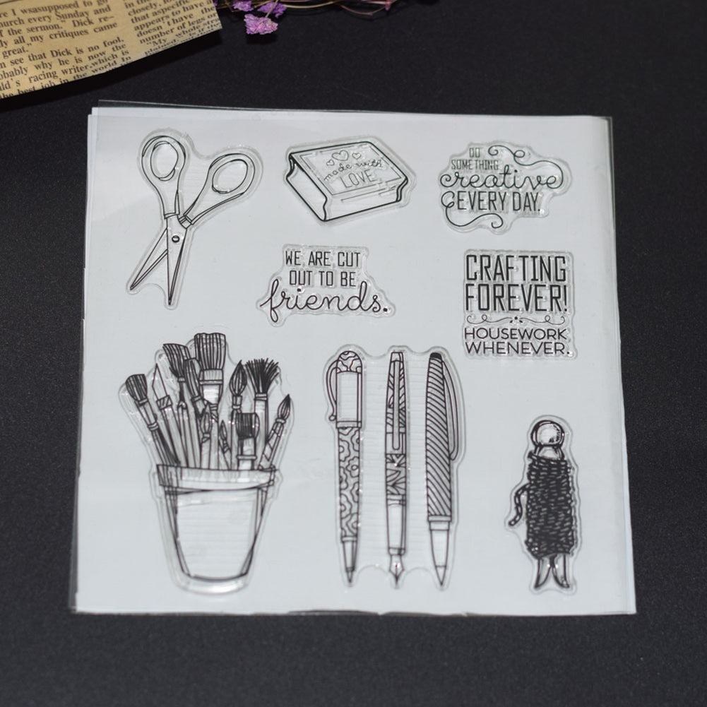 Scissors Pen Stationery Transparent Stamp Silicone DIY Scrapbook Cards Tool