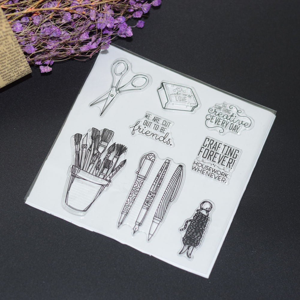 Scissors Pen Stationery Transparent Stamp Silicone DIY Scrapbook Cards Tool