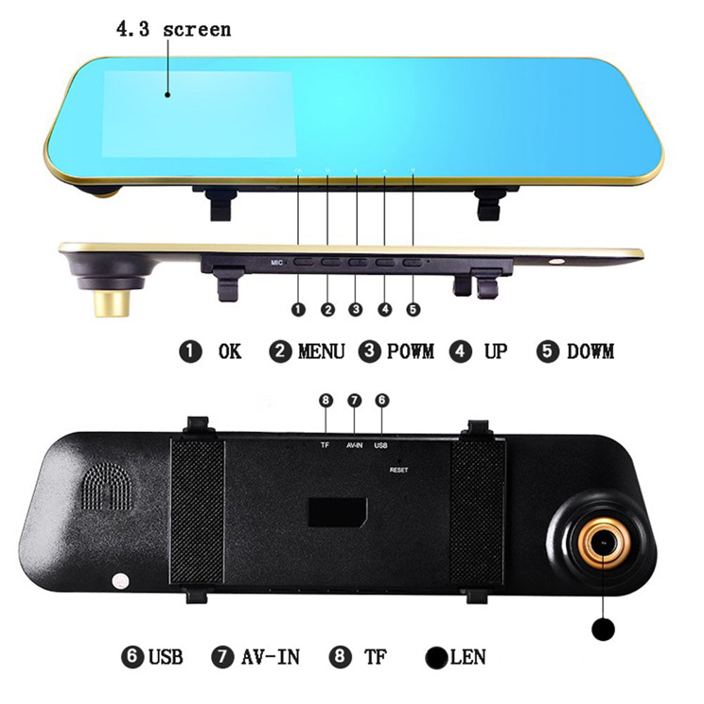 HD Cam 4.3inch Car DVR Camera 1080x720P Rearview Video Recorder Parking Monitor