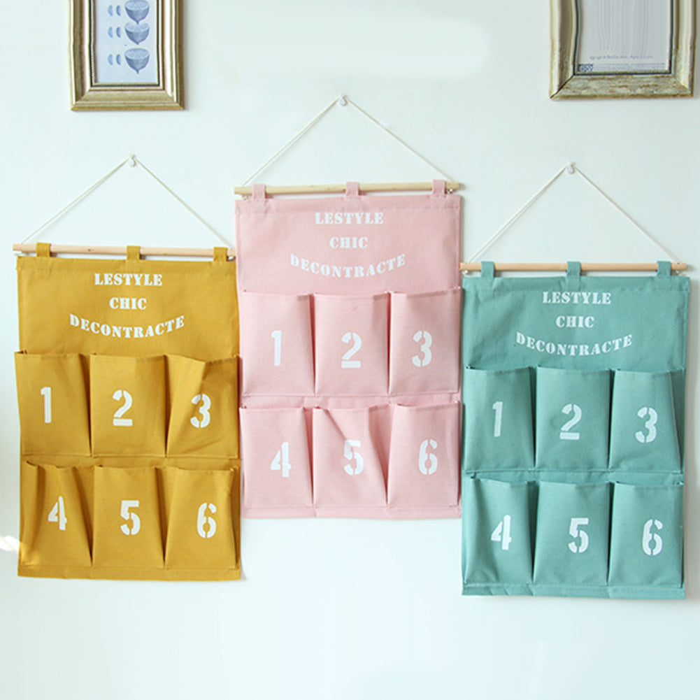 Creative 6 Pockets Numbers Letters Hanging Storage Bag Pouch with Rope and Wood Bar