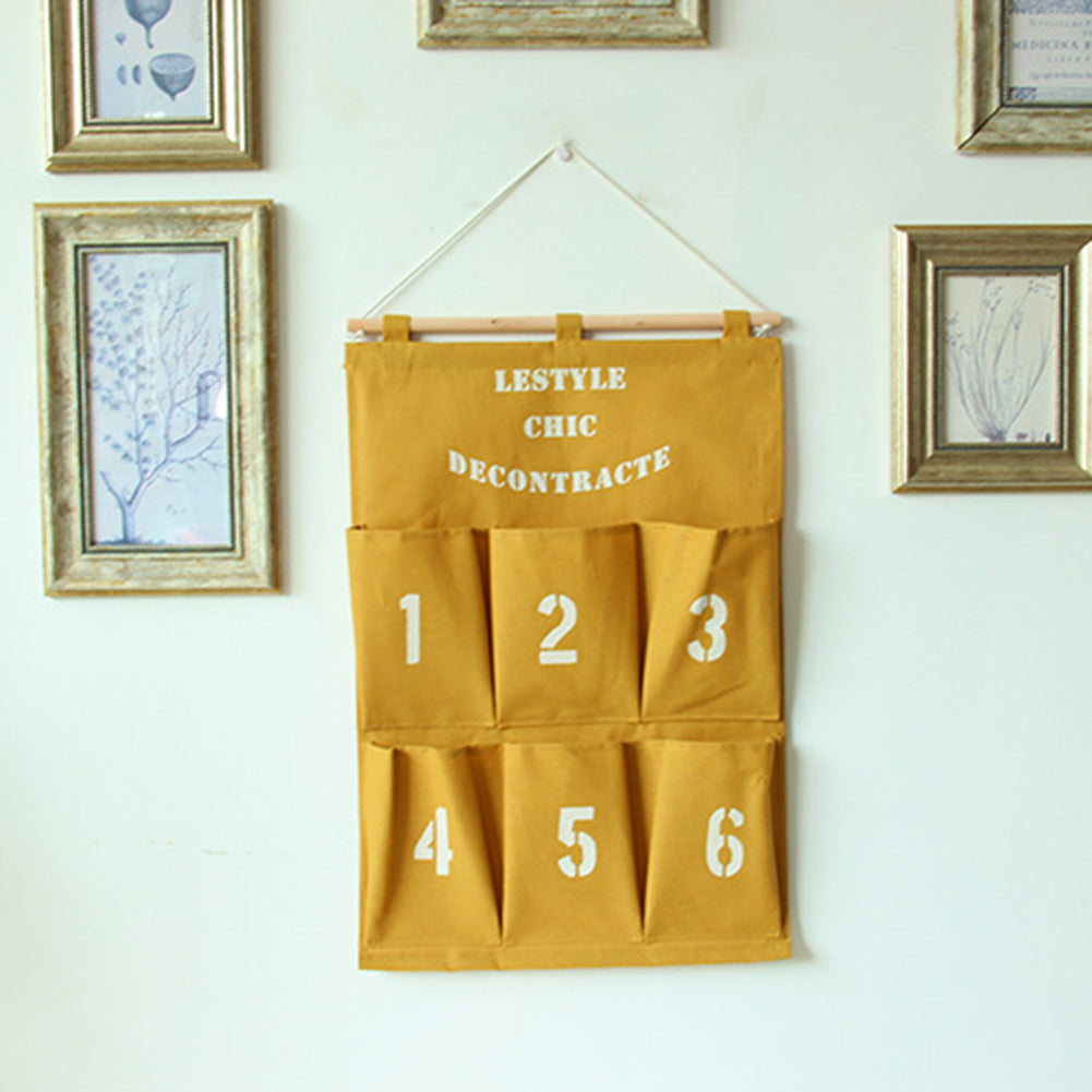 Creative 6 Pockets Numbers Letters Hanging Storage Bag Pouch with Rope and Wood Bar