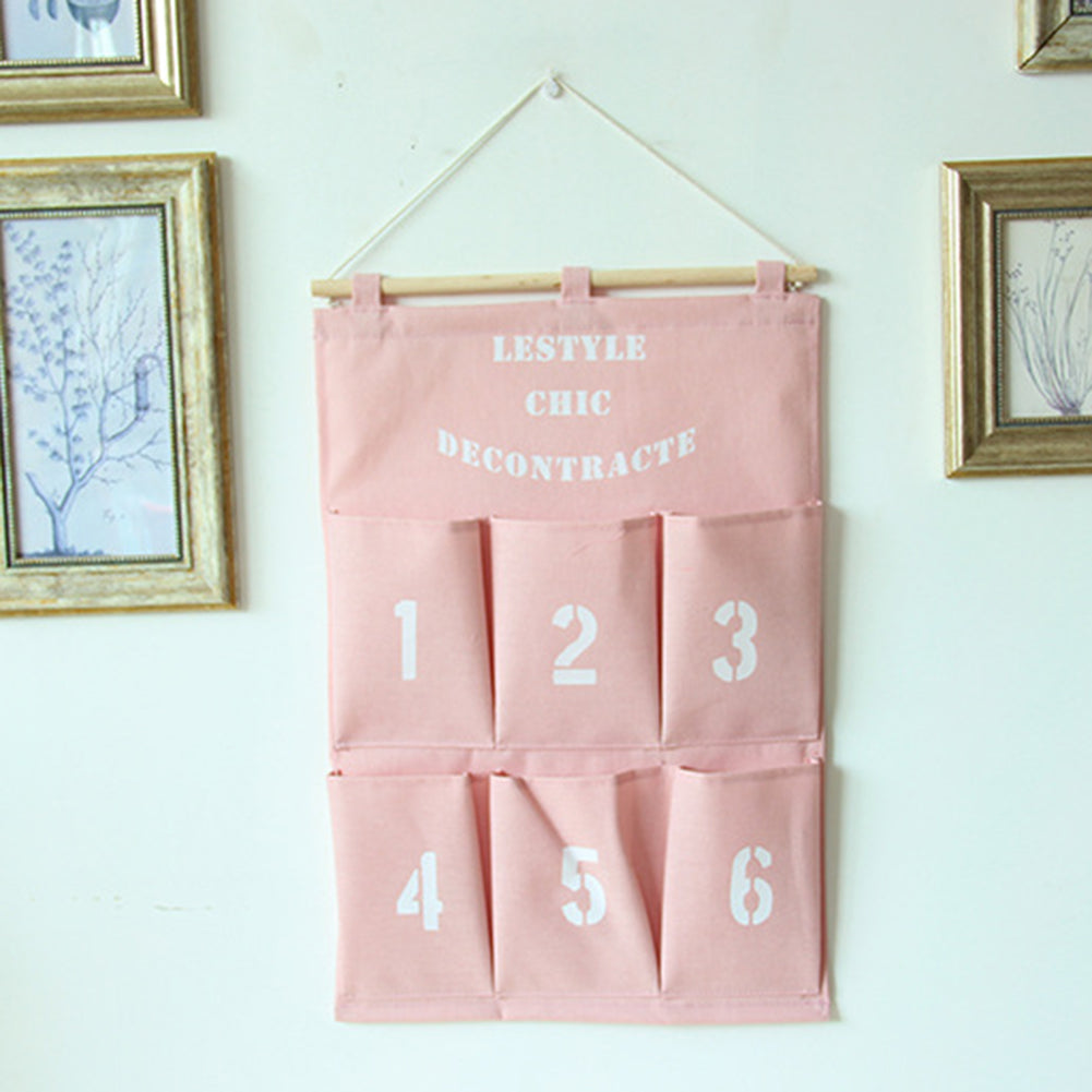 Creative 6 Pockets Numbers Letters Hanging Storage Bag Pouch with Rope and Wood Bar