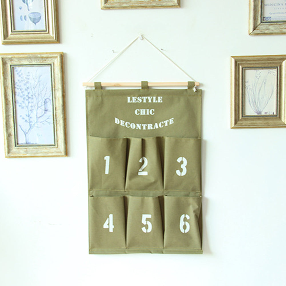 Creative 6 Pockets Numbers Letters Hanging Storage Bag Pouch with Rope and Wood Bar