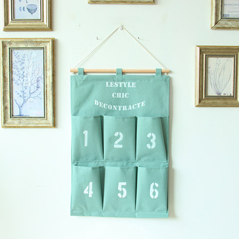 Creative 6 Pockets Numbers Letters Hanging Storage Bag Pouch with Rope and Wood Bar