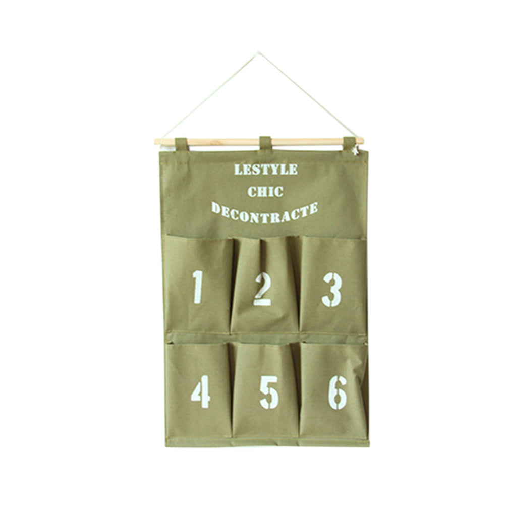 Creative 6 Pockets Numbers Letters Hanging Storage Bag Pouch with Rope and Wood Bar