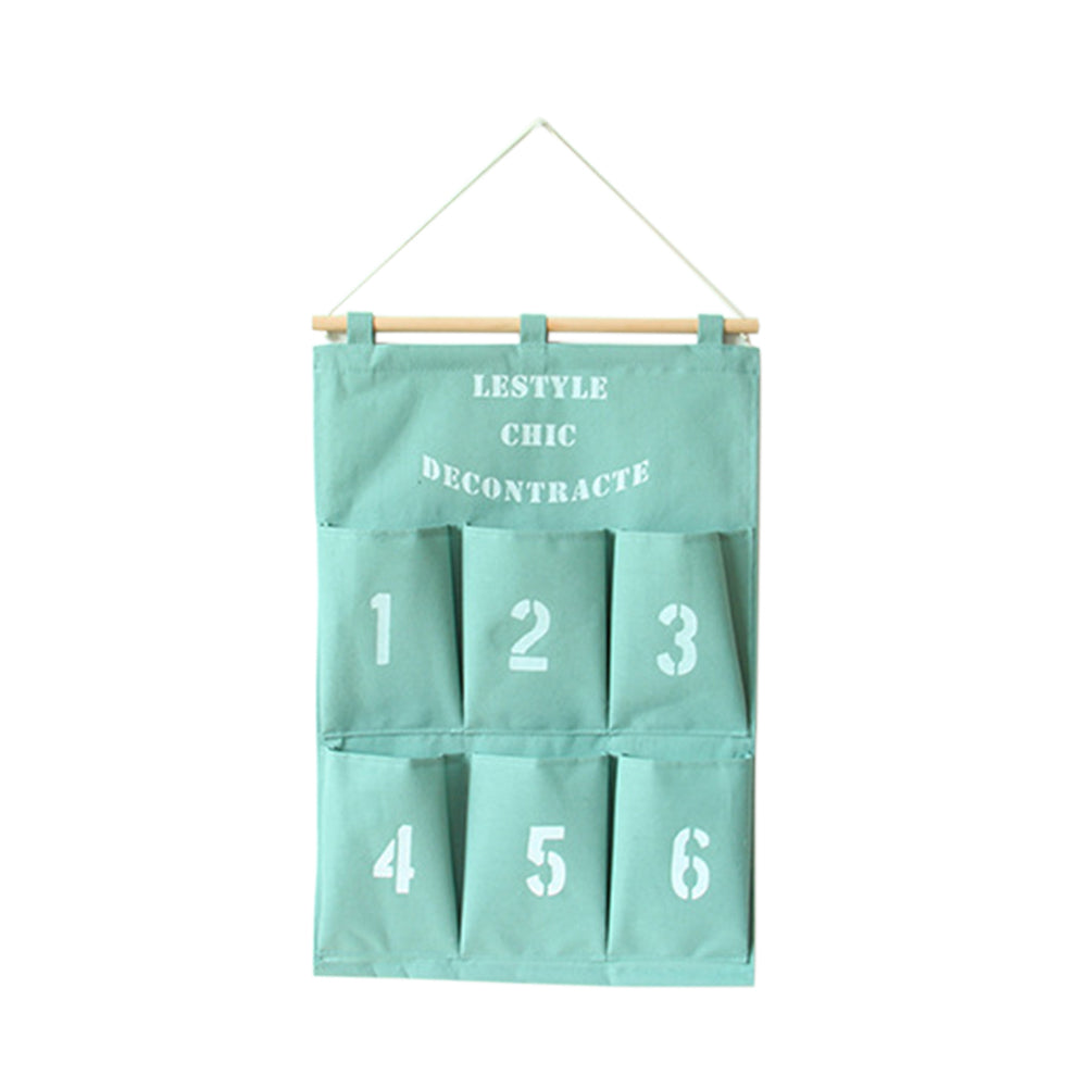 Creative 6 Pockets Numbers Letters Hanging Storage Bag Pouch with Rope and Wood Bar