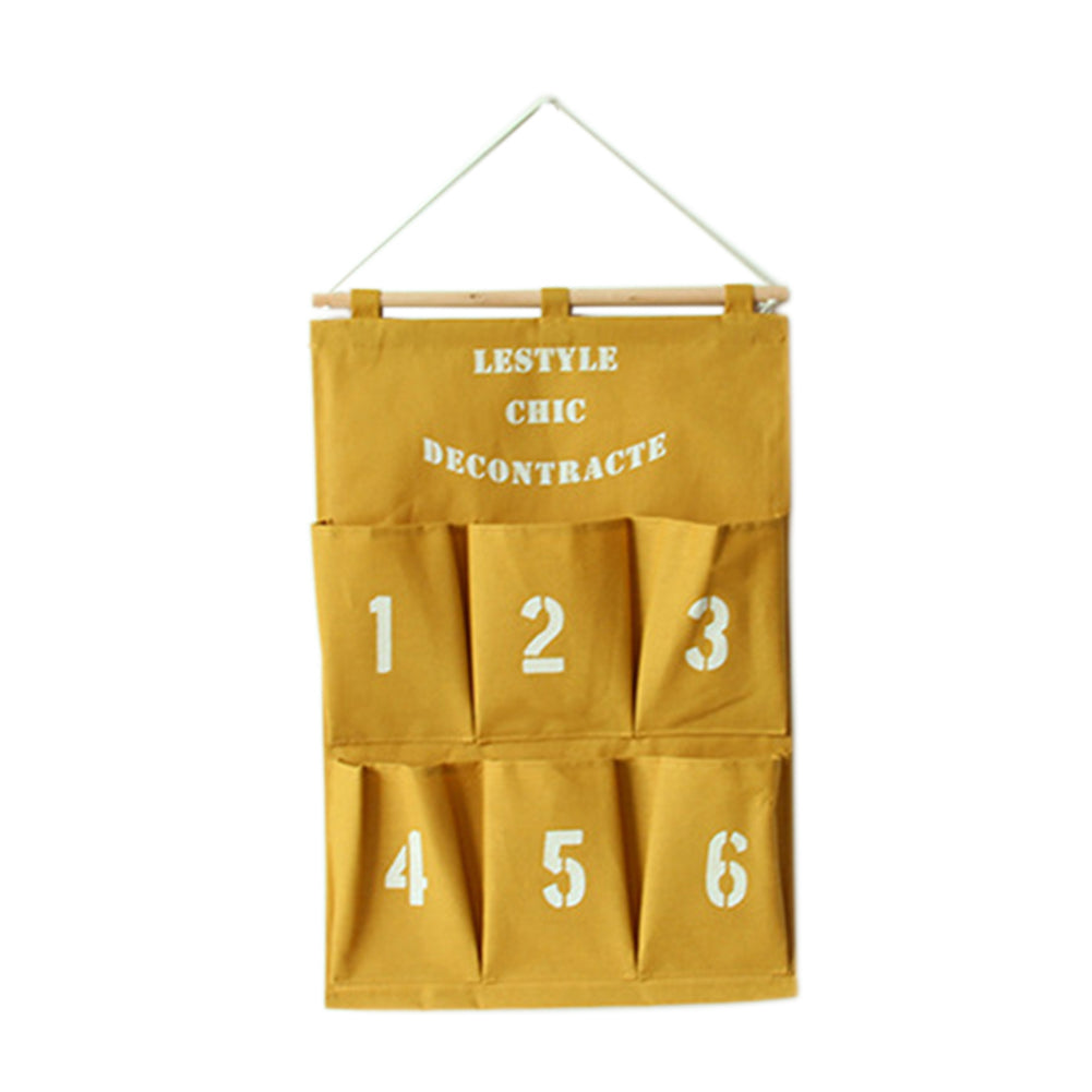Creative 6 Pockets Numbers Letters Hanging Storage Bag Pouch with Rope and Wood Bar