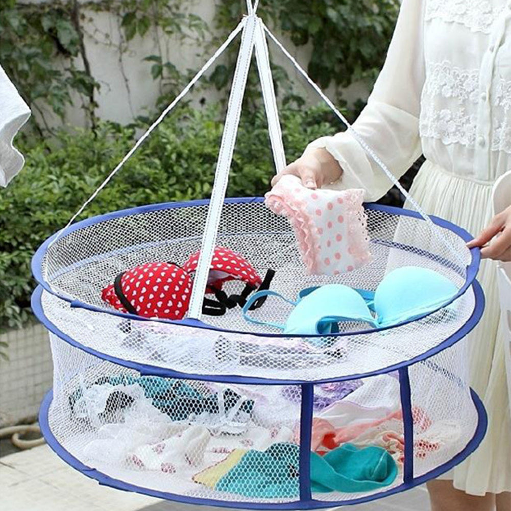 Foldable Double Layers Clothes Laundry Hanging Drying Rack Basket Mesh Tent Net
