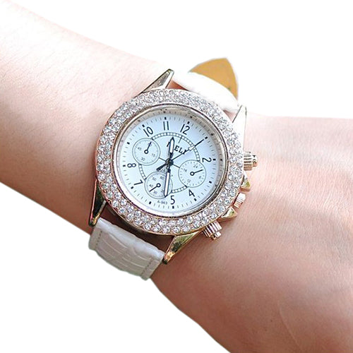 Women Shiny Rhinestone Decorated Bezel Analog Quartz Faux Leather Wrist Watch