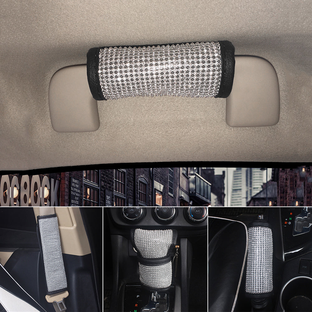 Shiny Rhinestone Faux Leather Car Handbrake Gear Shifter Knob Protective Cover