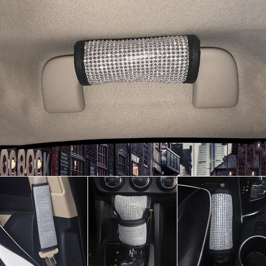 Shiny Rhinestone Faux Leather Car Handbrake Gear Shifter Knob Protective Cover