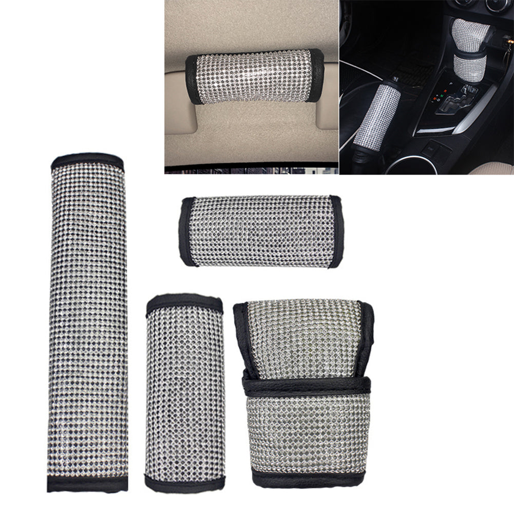 Shiny Rhinestone Faux Leather Car Handbrake Gear Shifter Knob Protective Cover