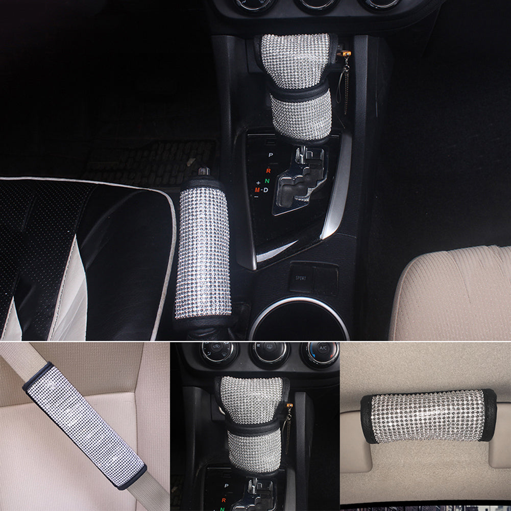 Shiny Rhinestone Faux Leather Car Handbrake Gear Shifter Knob Protective Cover