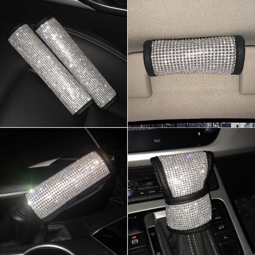 Shiny Rhinestone Faux Leather Car Handbrake Gear Shifter Knob Protective Cover
