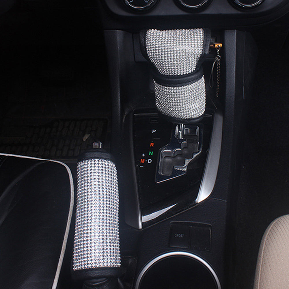 Shiny Rhinestone Faux Leather Car Handbrake Gear Shifter Knob Protective Cover