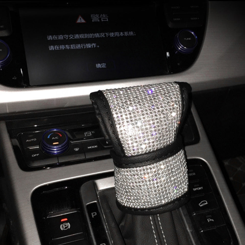 Shiny Rhinestone Faux Leather Car Handbrake Gear Shifter Knob Protective Cover
