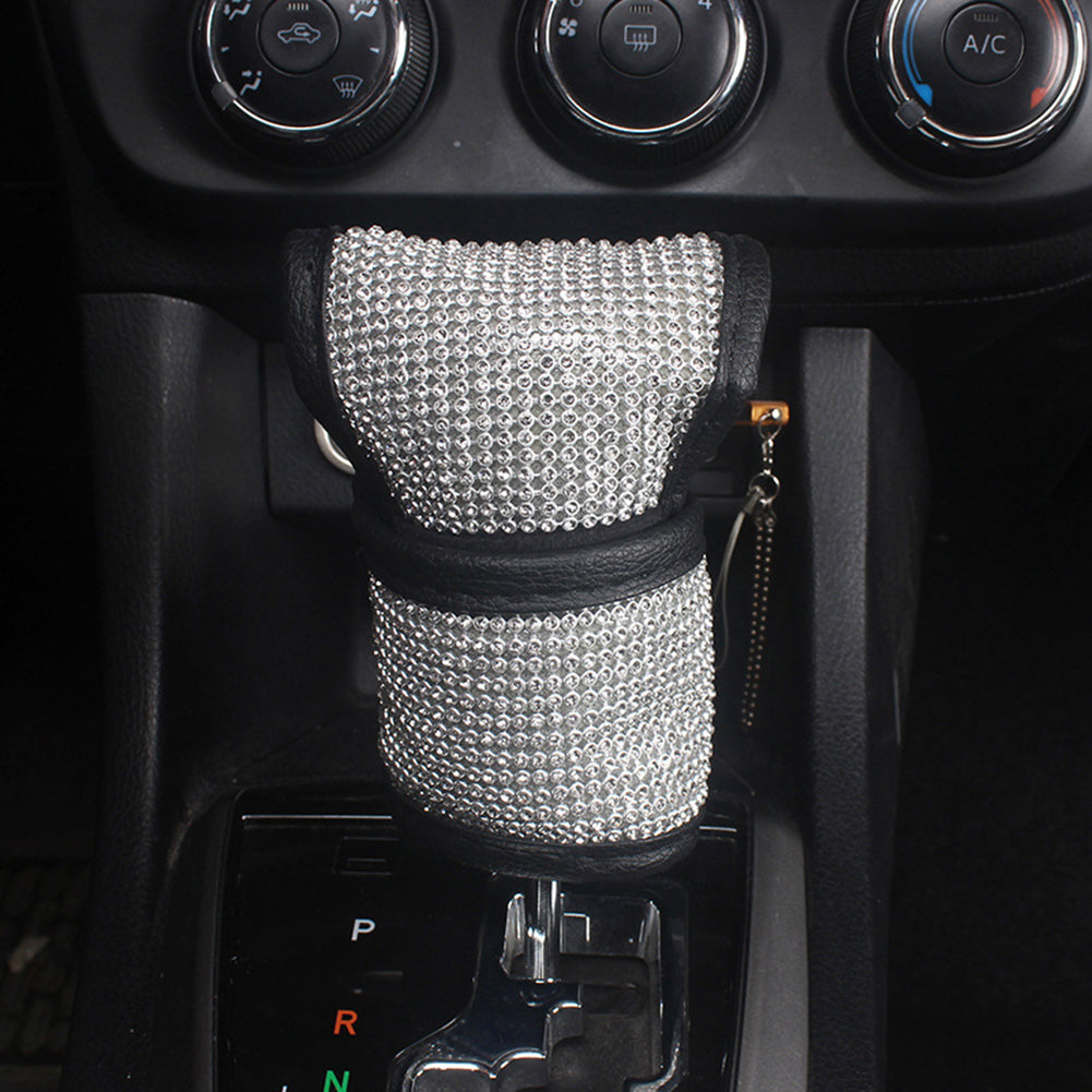 Shiny Rhinestone Faux Leather Car Handbrake Gear Shifter Knob Protective Cover