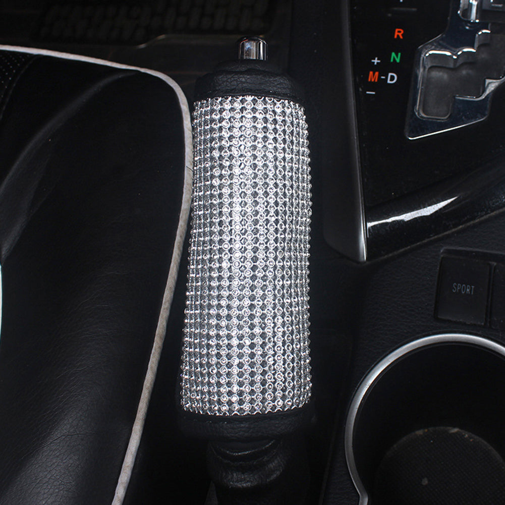 Shiny Rhinestone Faux Leather Car Handbrake Gear Shifter Knob Protective Cover