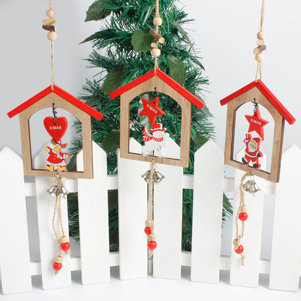 Creative Wooden Christmas House Bell Tassel Beads Hanging Pendant Xmas Ornament