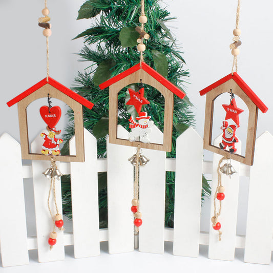 Creative Wooden Christmas House Bell Tassel Beads Hanging Pendant Xmas Ornament