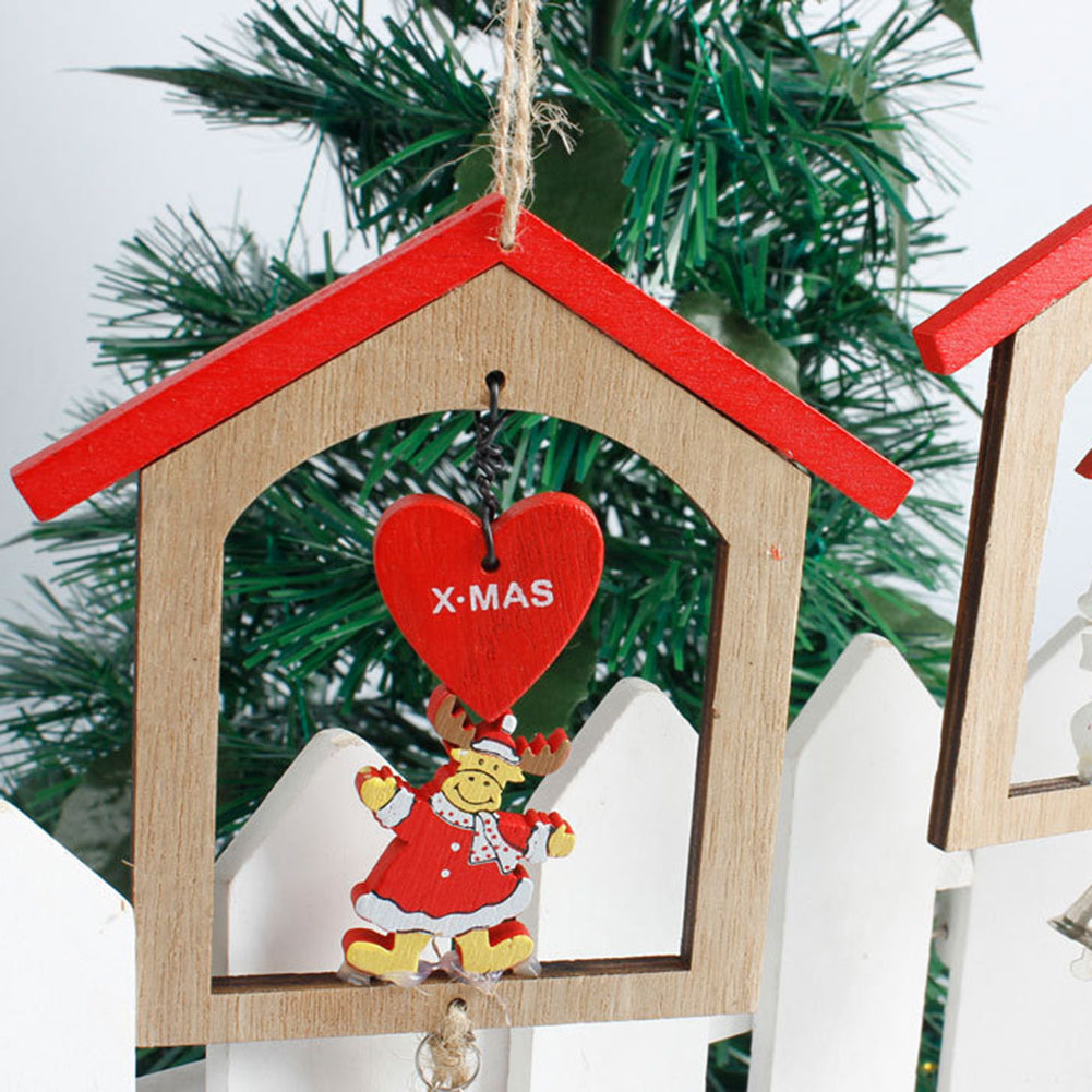Creative Wooden Christmas House Bell Tassel Beads Hanging Pendant Xmas Ornament