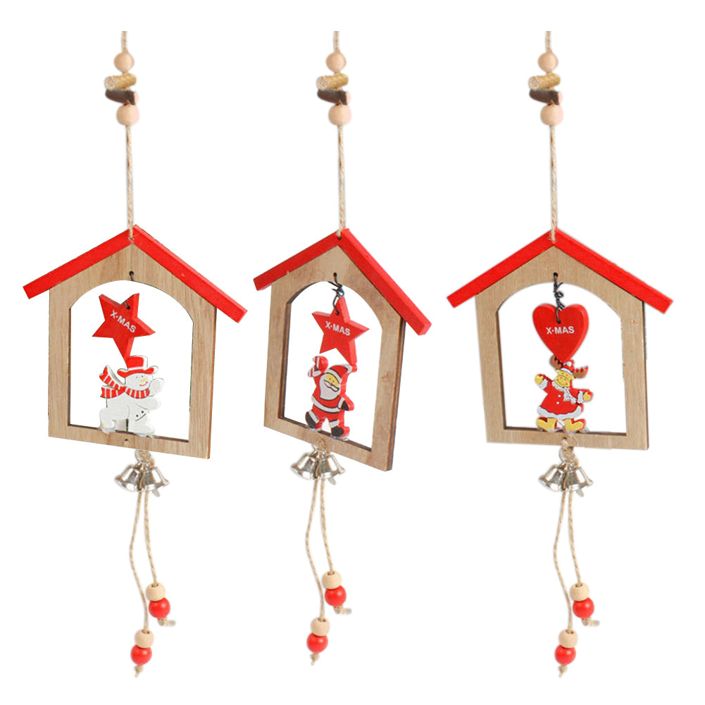 Creative Wooden Christmas House Bell Tassel Beads Hanging Pendant Xmas Ornament